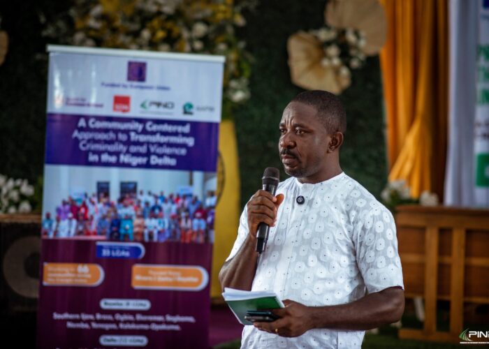 (Aniekan Archibong, PIND’s Project Lead, delivering the welcome remarks to participants in Warri South, Delta State.)